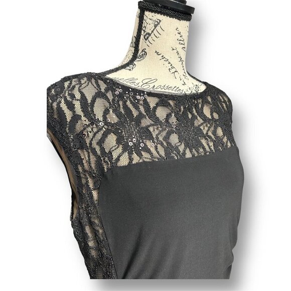 Lauren Ralph Lauren 14 Black Tan Lace Sequin Midi Dress Cocktail Party Formal - Picture 6 of 8